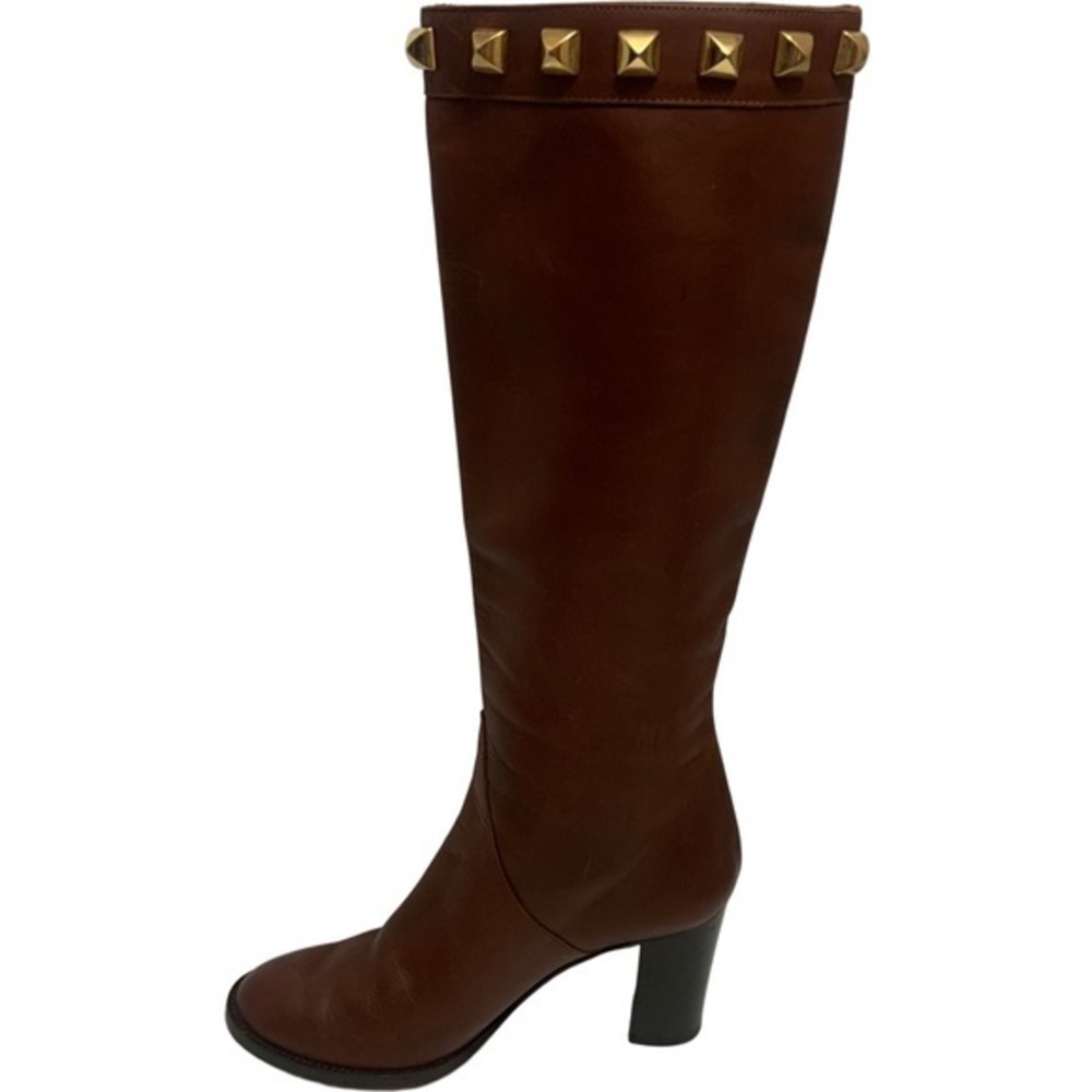 Hollywould Made In Italy Brown Leather Knee High Riding Boots Stud Accents
